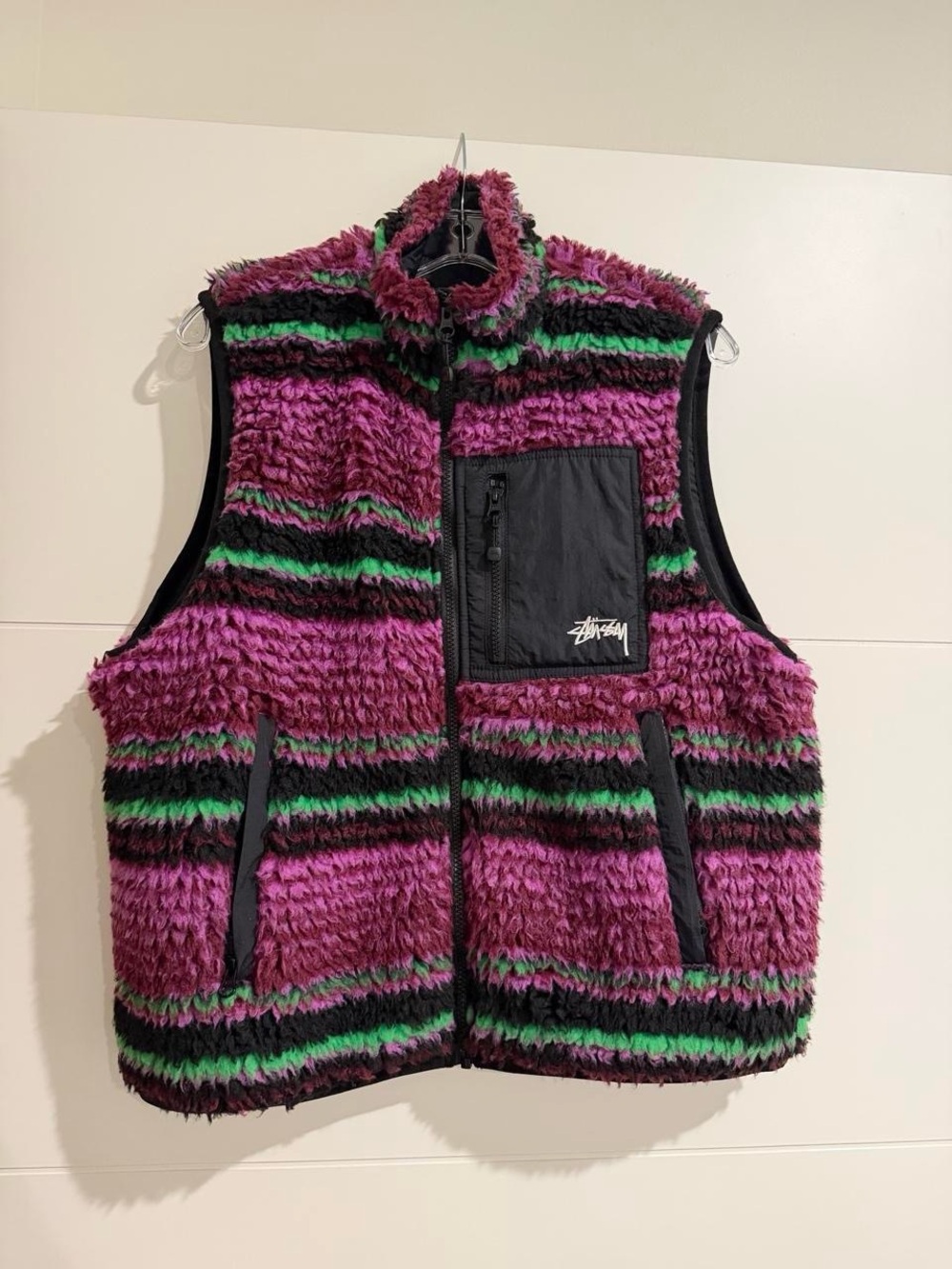 Stüssy purple black and green striped Sherpa vest